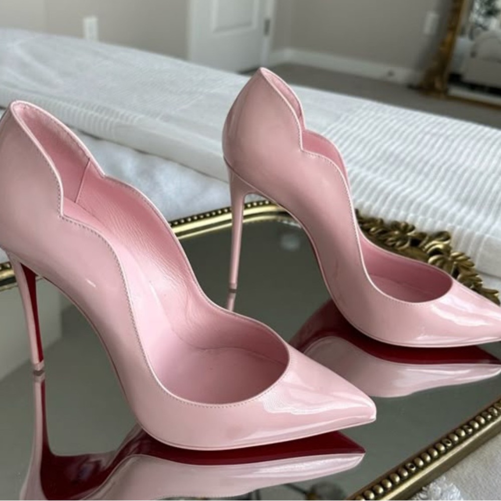 Christian Louboutin Blush Pink Patent Leather Scalloped Stiletto Pumps